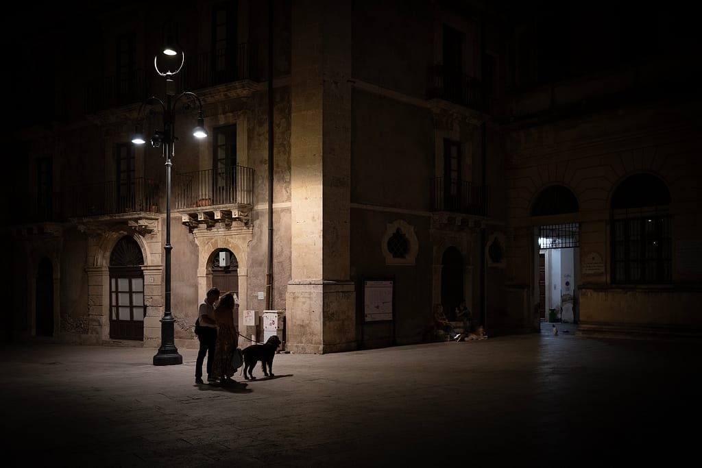 Piazza di notte con un lampione, una coppia con un cane e palazzi antichi in penombra