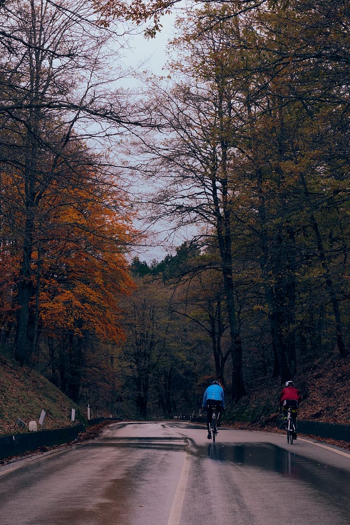 Due ciclisti di spalle, uno con la giacca azzurra e uno con la giacca rossa, scendono lungo una strada bagnata tra gli alberi d’autunno a Floresta