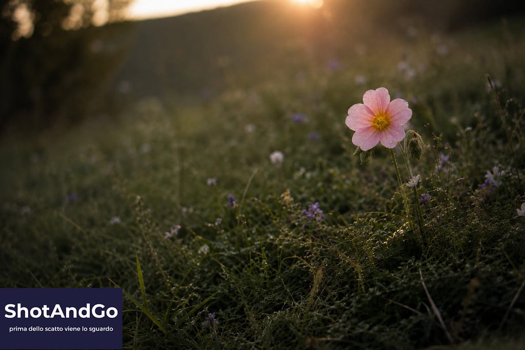 Fotografare i fiori: attenzione, tempo e piccoli mondi Fiore selvatico illuminato dalla luce del tramonto fotografato con uno sguardo attento alla natura e ai piccoli dettagli.