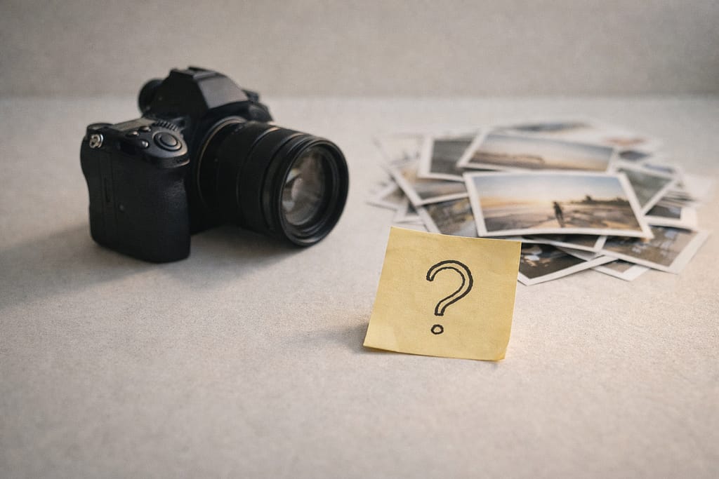 Fotocamera con cuffie che simboleggia l’ascolto e la lettura consapevole delle proprie fotografie