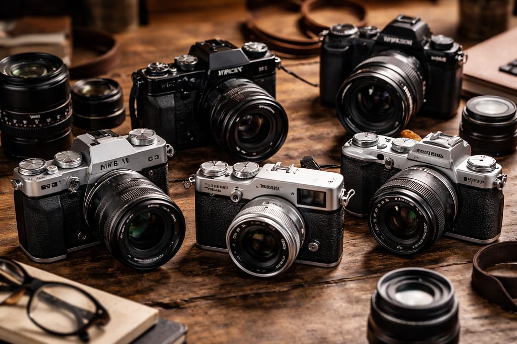 Fujifilm Serie X: quale scegliere davvero (guida completa senza confusione) Fotocamere Fujifilm Serie X disposte insieme per confrontare le diverse linee X-T, X-Pro, X100 e X-S.